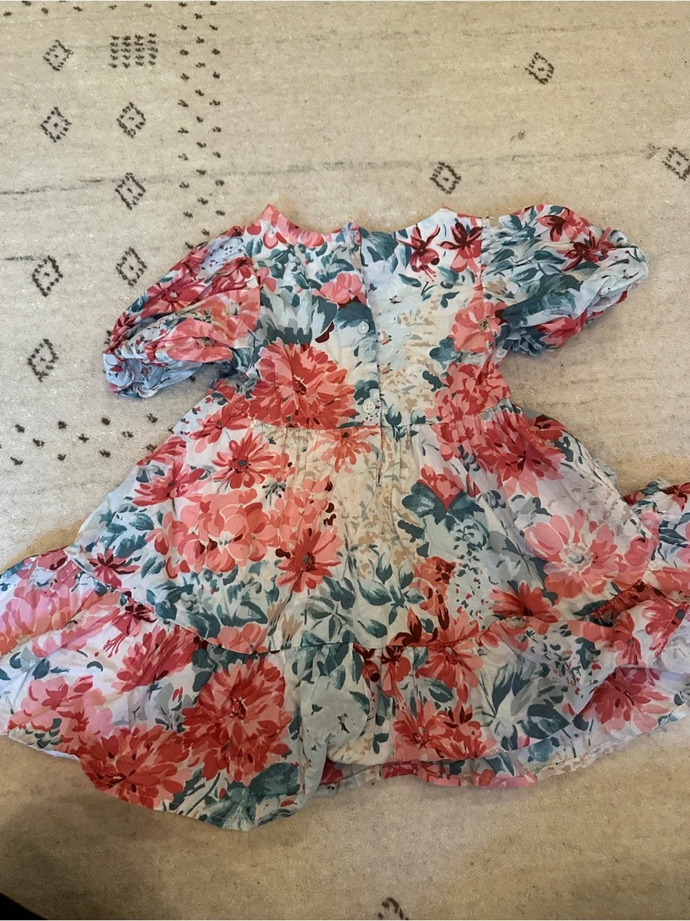 Janie and Jack Coral and Teal Floral Puff-Sleeve Dress